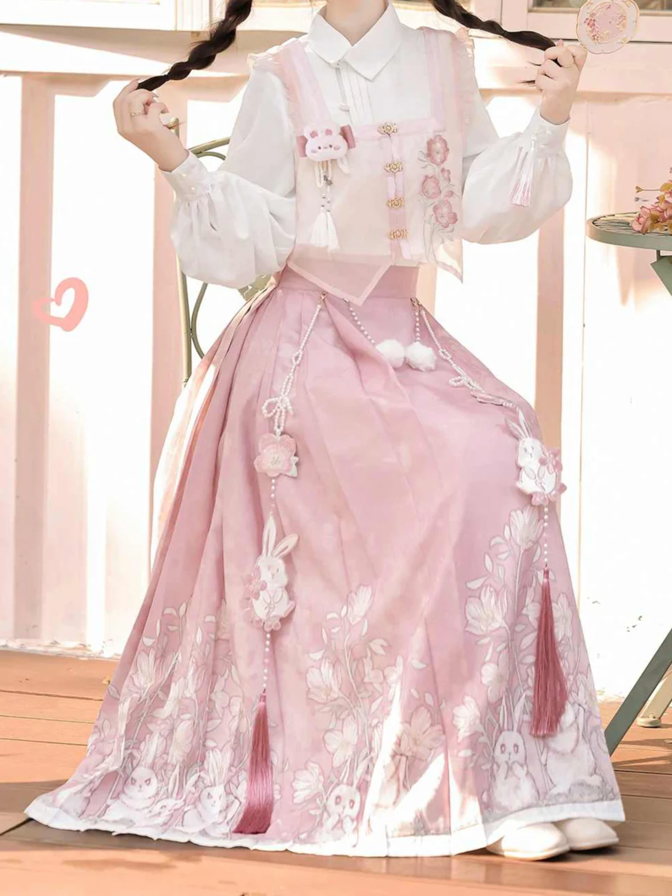 Hanfu Aesthetic Pink Rabblit Shirt + Skirt Suit - Image 2