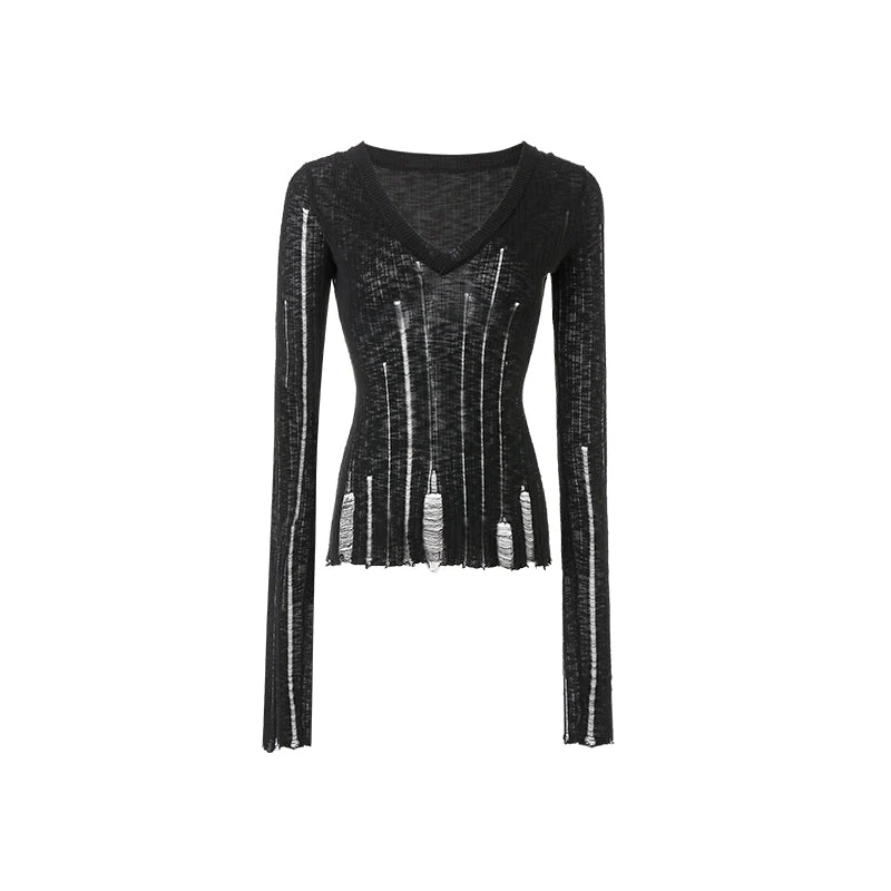 Hollow-Out V-Neck Thin Cardigan With Distressed Waist Knit Top - Image 33