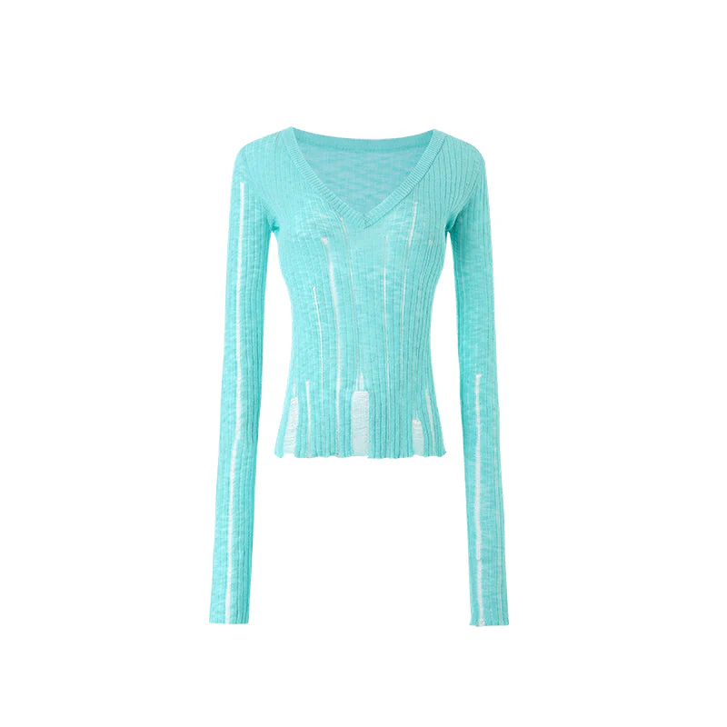 Hollow-Out V-Neck Thin Cardigan With Distressed Waist Knit Top - Image 4