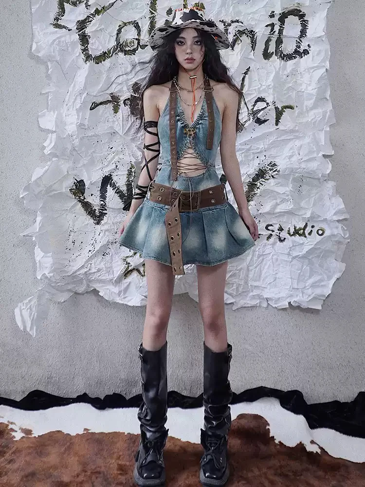 Hollow Straps Denim Style Short Dress - Image 2
