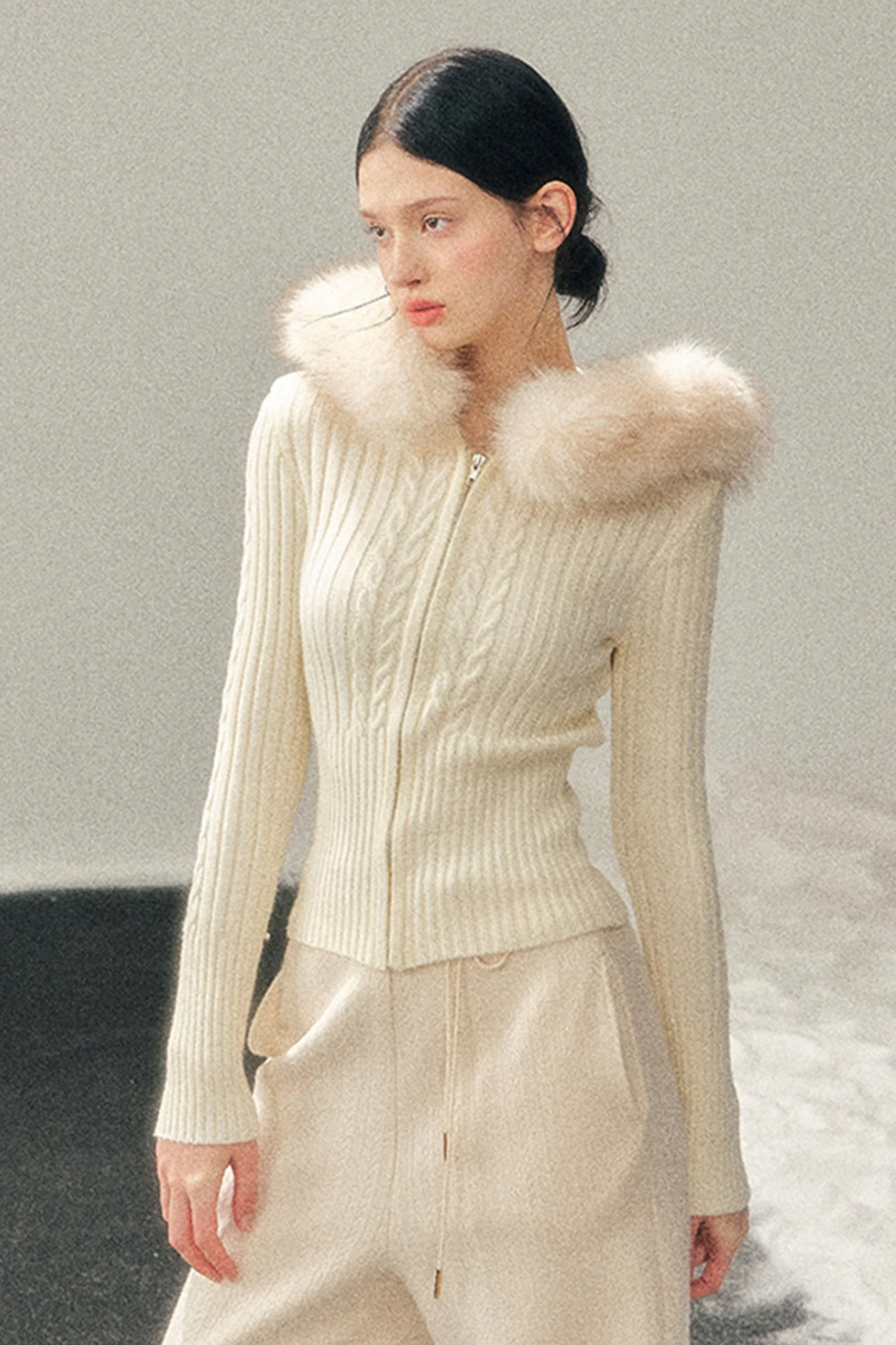 Fur Hood Knit Sweater Zip Top - Image 2