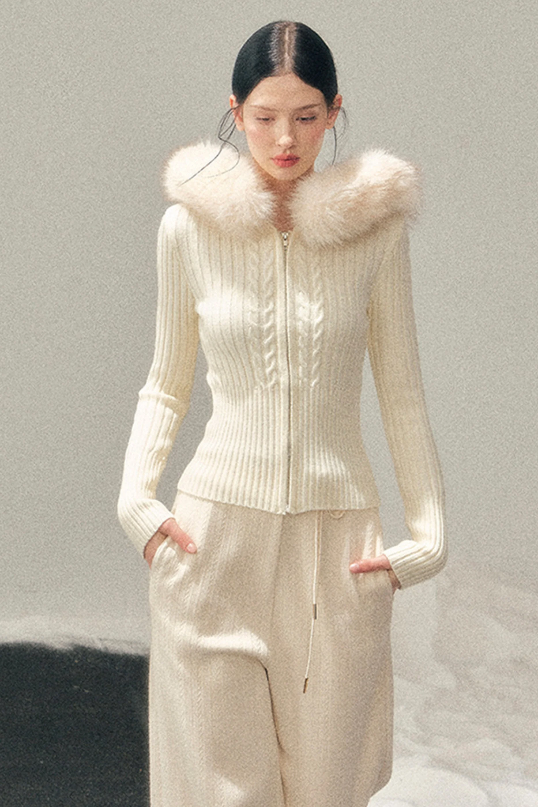Fur Hood Knit Sweater Zip Top - Image 6