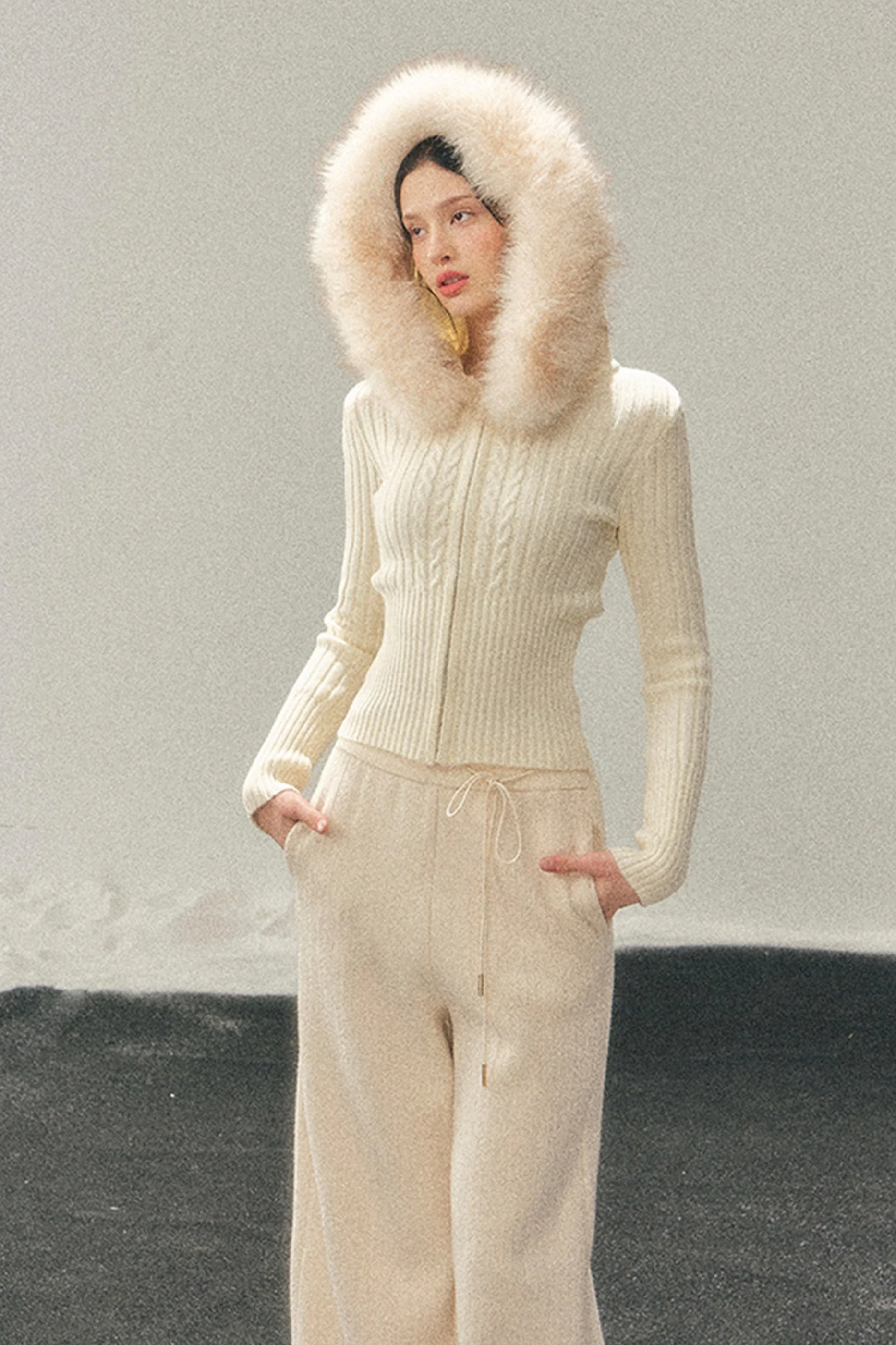 Fur Hood Knit Sweater Zip Top - Image 9