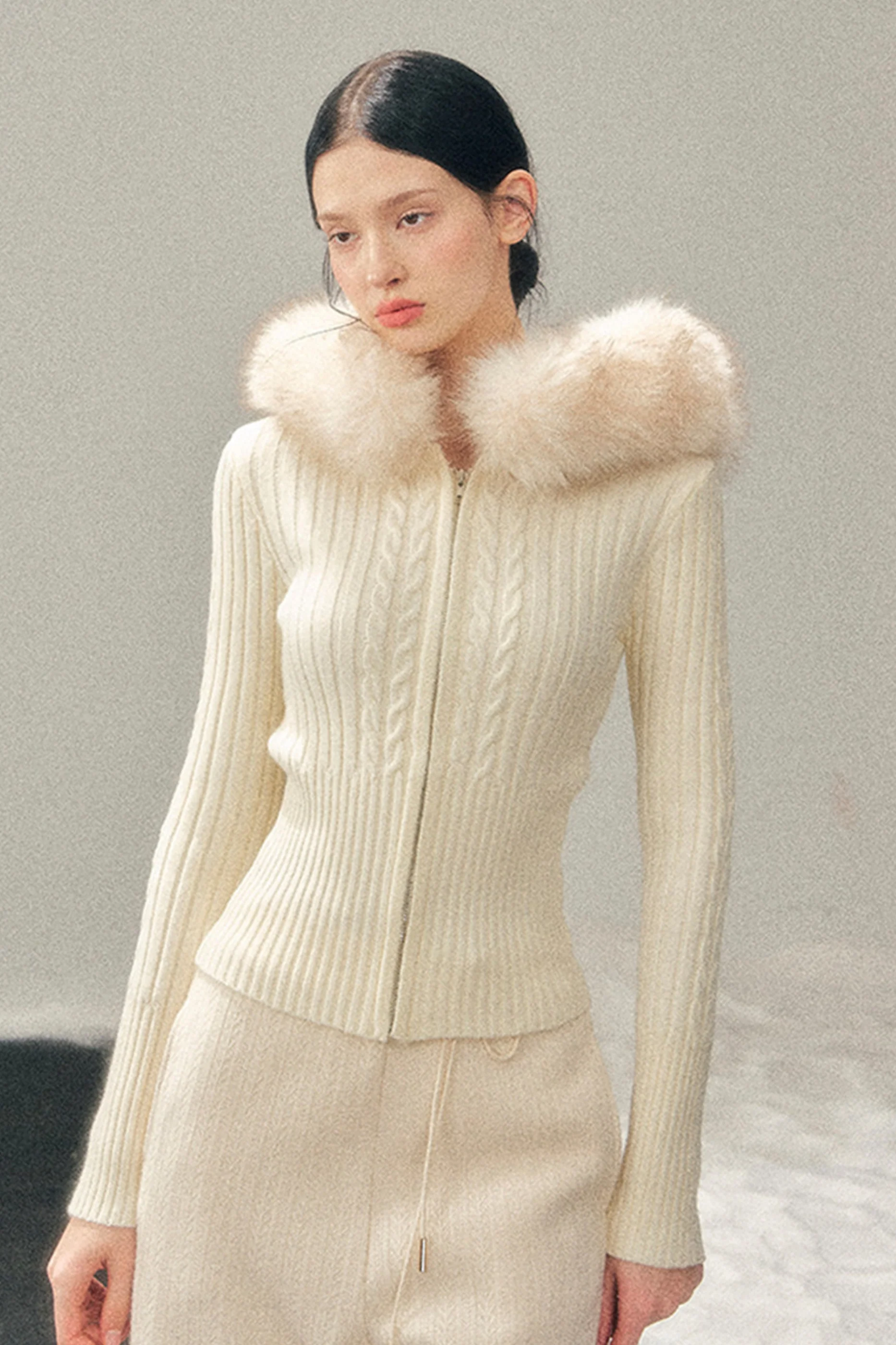 Fur Hood Knit Sweater Zip Top - Image 8