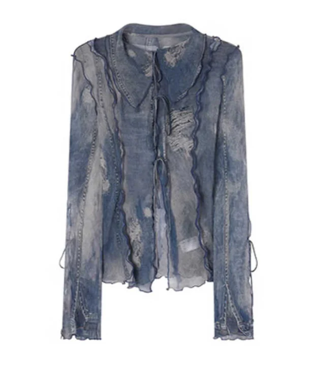 Imitation Denim Printed Straps Long-sleeved Shirt