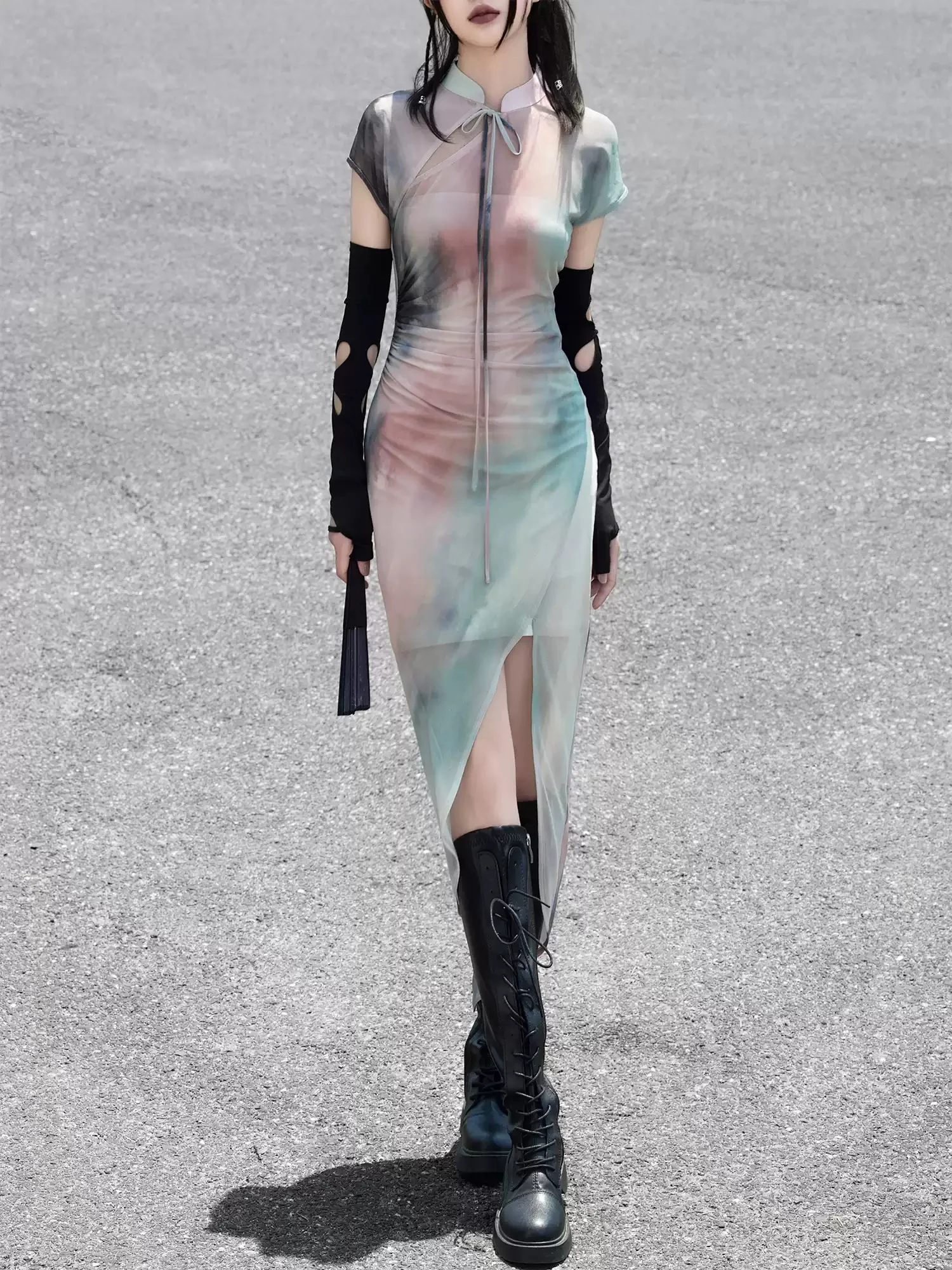 Ink Smudged Cheongsam Dress - Image 4
