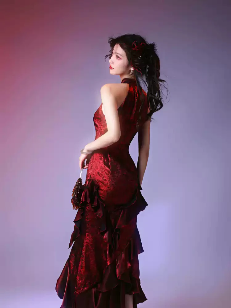 Irregular Ruffled Halter Neck Fishtail Dress - Image 2
