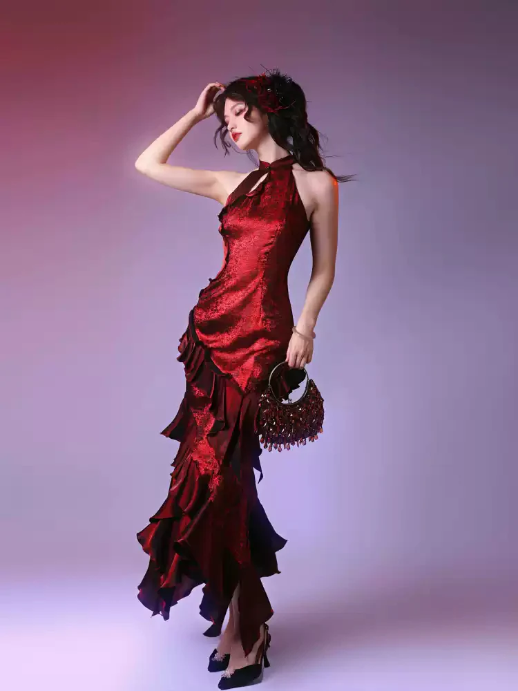 Irregular Ruffled Halter Neck Fishtail Dress - Image 4