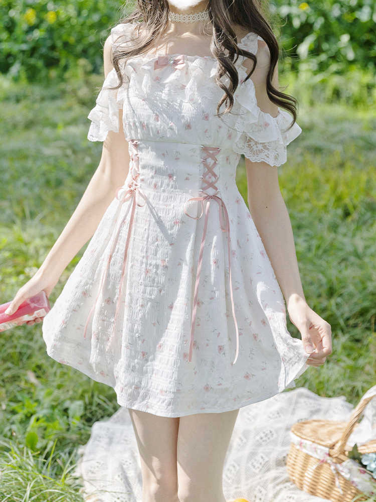 Japanese Off-shoulder Floral Lace Dress - Image 3