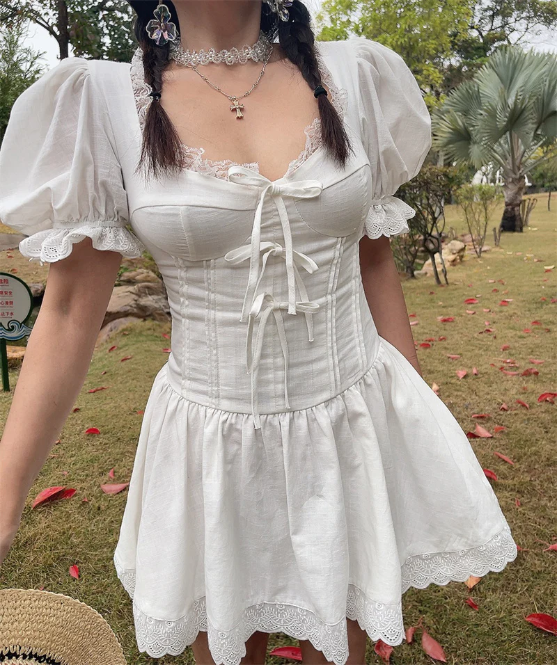 Jasmine Puff Sleeves Lace Bow Dress - Image 2