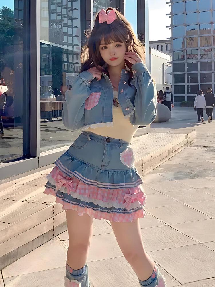 Kawaii Layered Denim Mini Skirt - Image 10