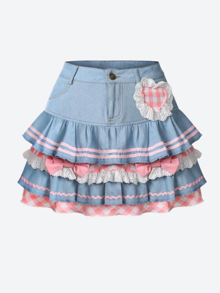 Kawaii Layered Denim Mini Skirt - Image 6