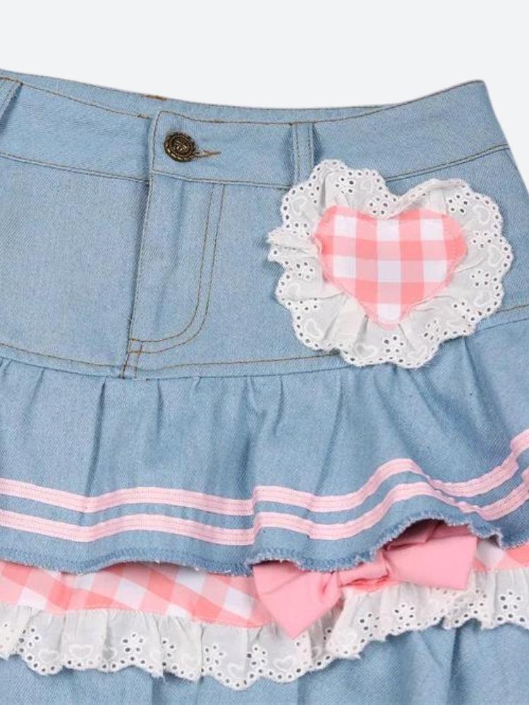 Kawaii Layered Denim Mini Skirt - Image 7