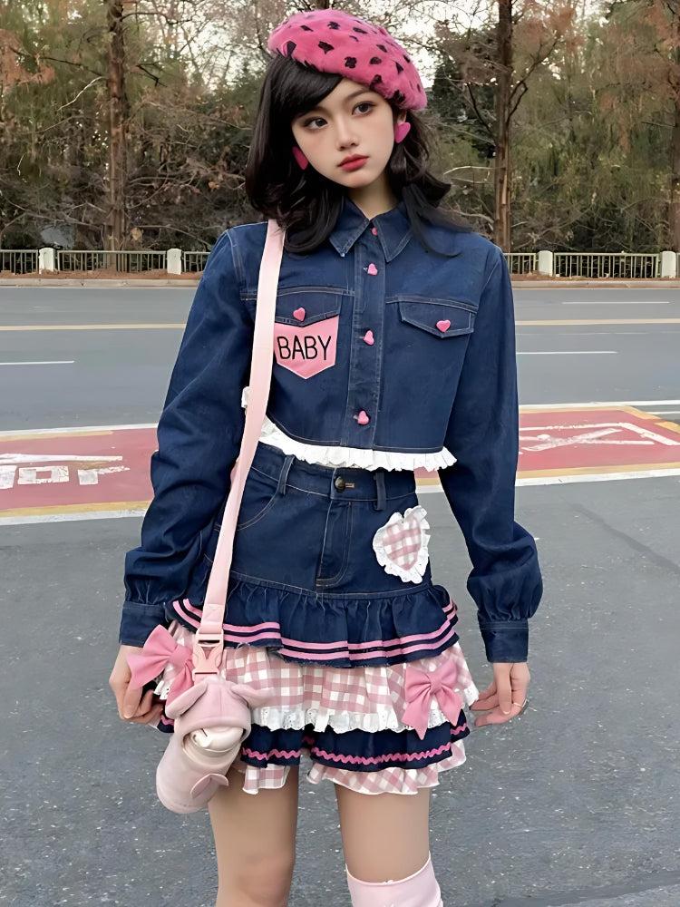Kawaii Layered Denim Mini Skirt - Image 9