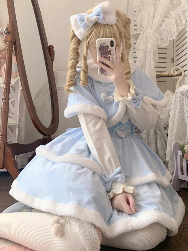 Kawaii Winter Cape Shawl Coat Dress Set - Image 5