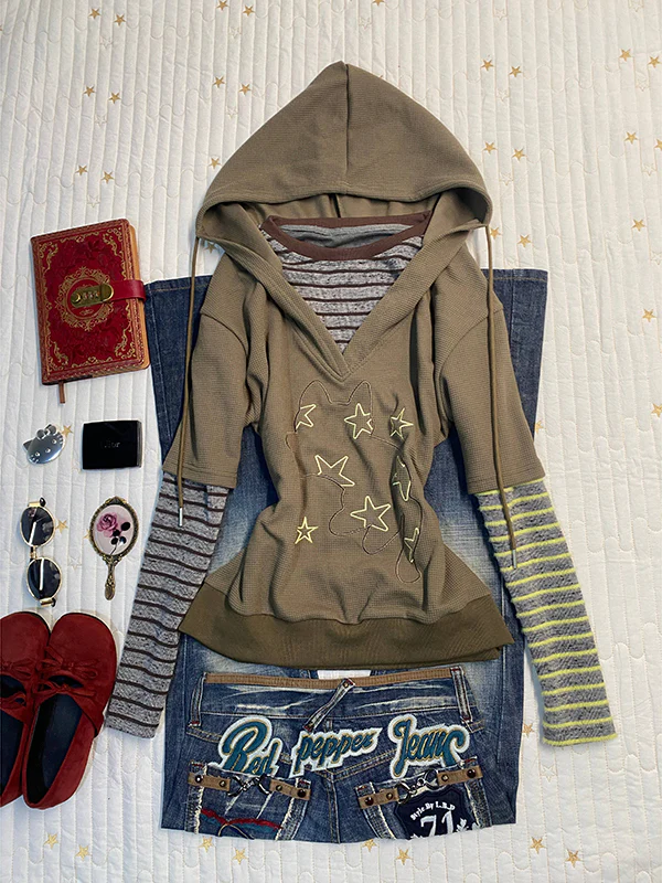 khaki hooded printed sweatshirt