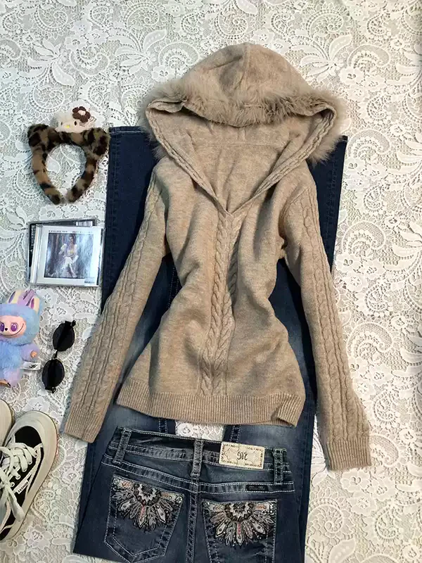 khaki hooded twist sweater - Image 4