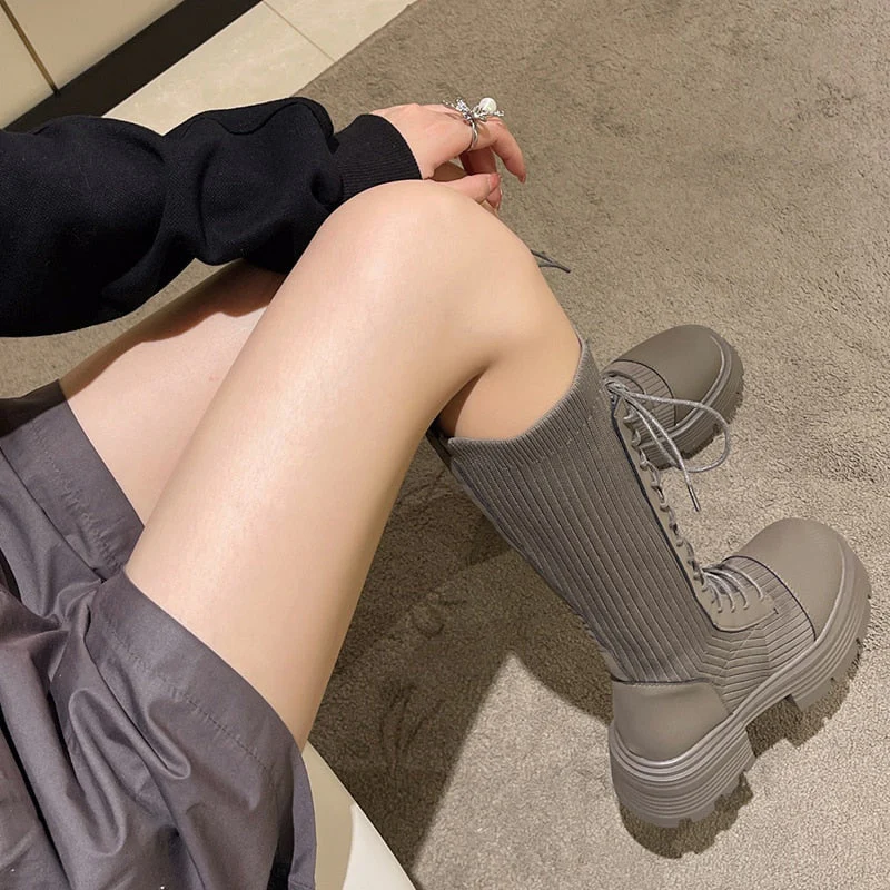 Knit Platform Knee High Boots - Image 5