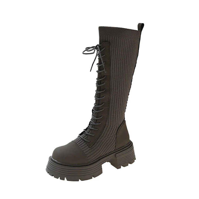 Knit Platform Knee High Boots - Image 7
