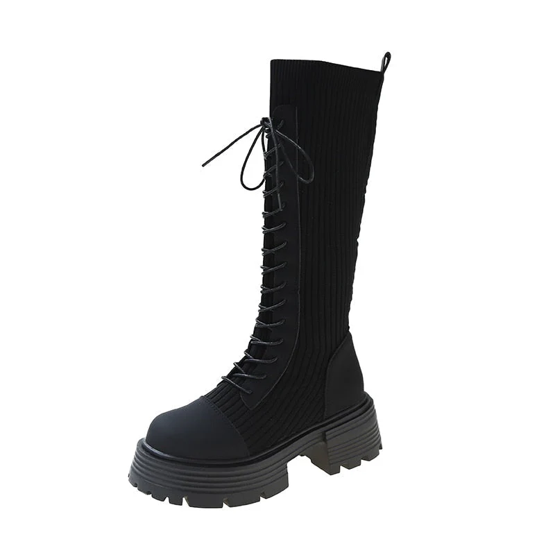 Knit Platform Knee High Boots - Image 8