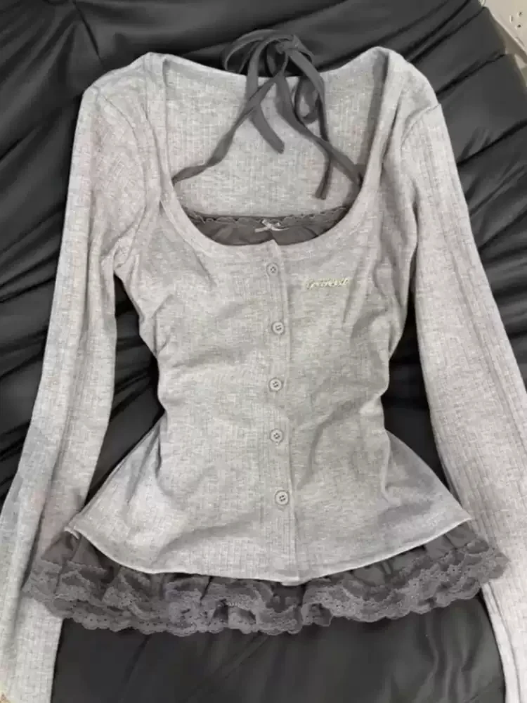 Korean gray fake two-piece lace long-sleeved Top