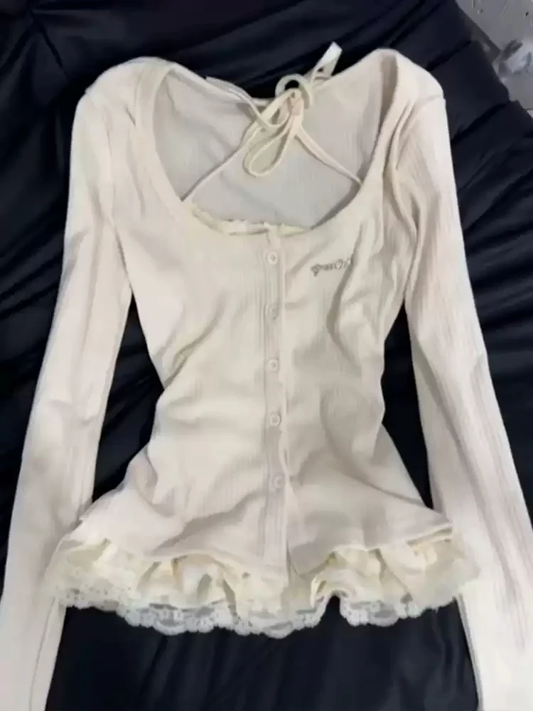 Korean gray fake two-piece lace long-sleeved Top - Image 2
