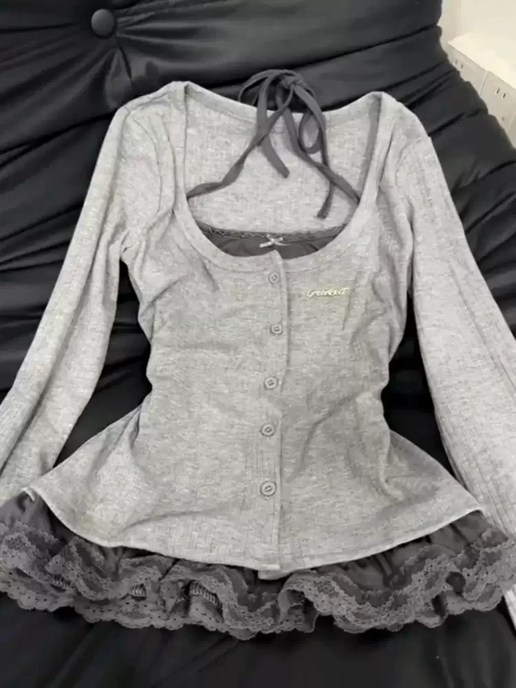 Korean gray fake two-piece lace long-sleeved Top - Image 3