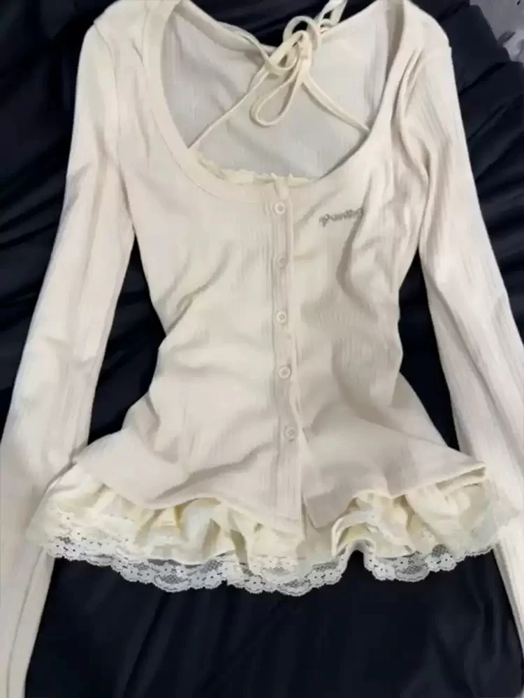 Korean gray fake two-piece lace long-sleeved Top - Image 4