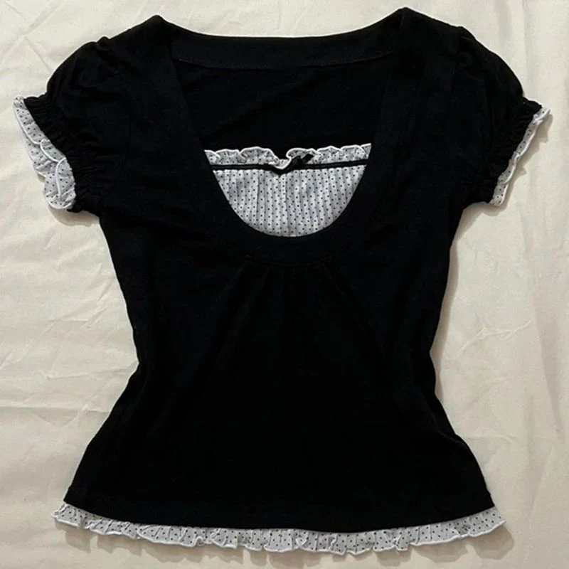 Korean Kawaii Patchwork Women T-shirt Y2K Aesthetic Vintage - Image 2