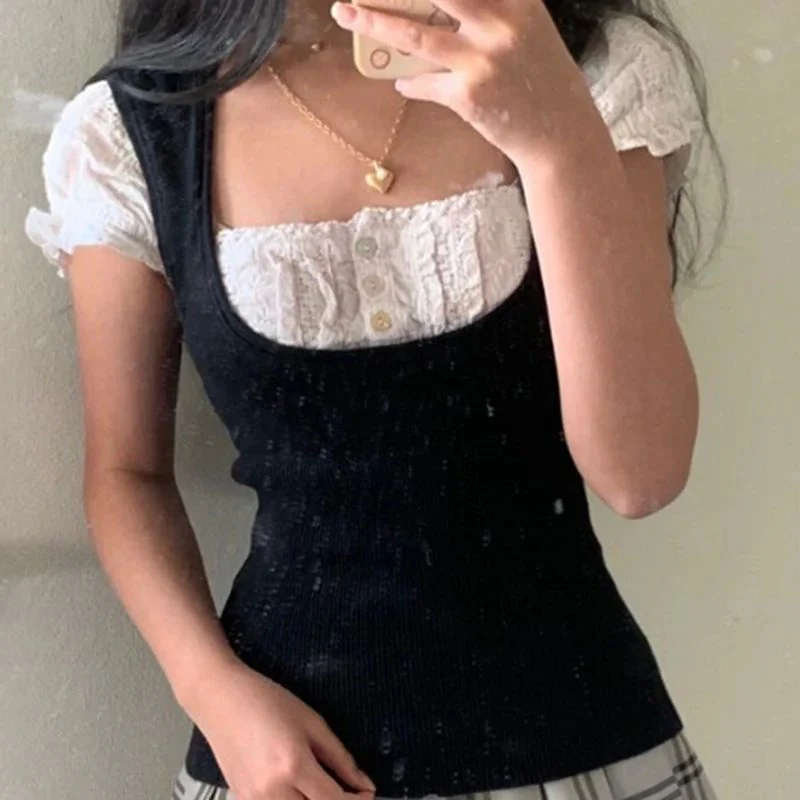 Korean Kawaii Patchwork Women T-shirt Y2K Aesthetic Vintage - Image 8
