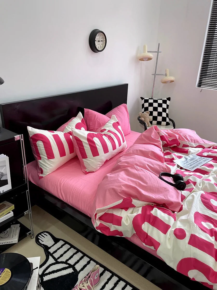 Korean Pink Letter Bedding Set - Image 4