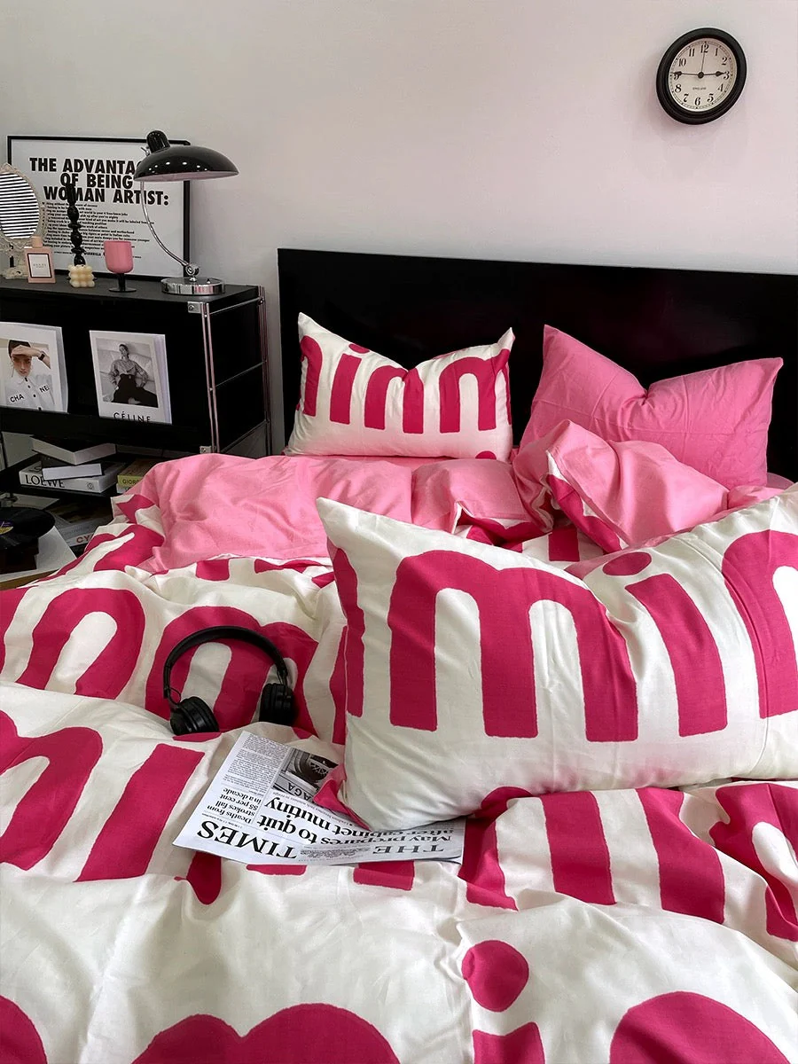 Korean Pink Letter Bedding Set - Image 7