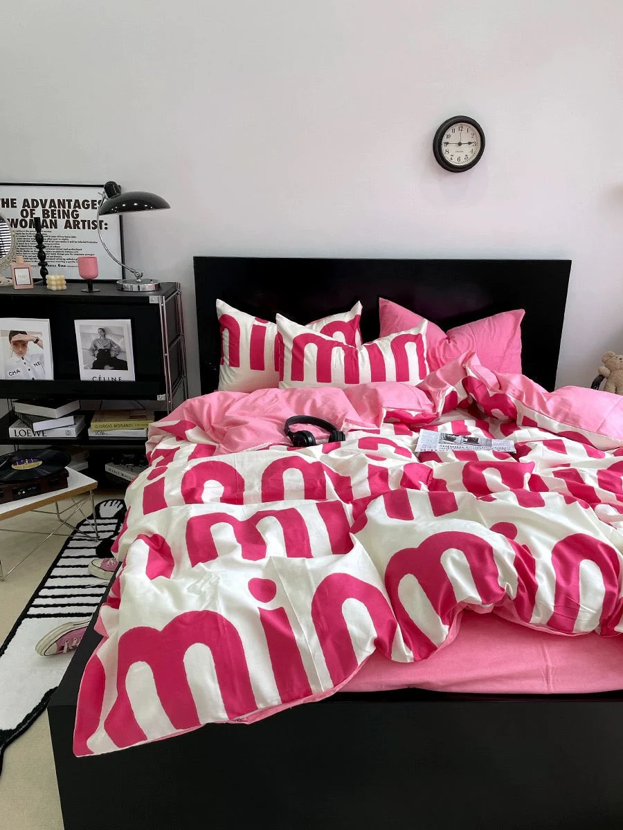 Korean Pink Letter Bedding Set - Image 2