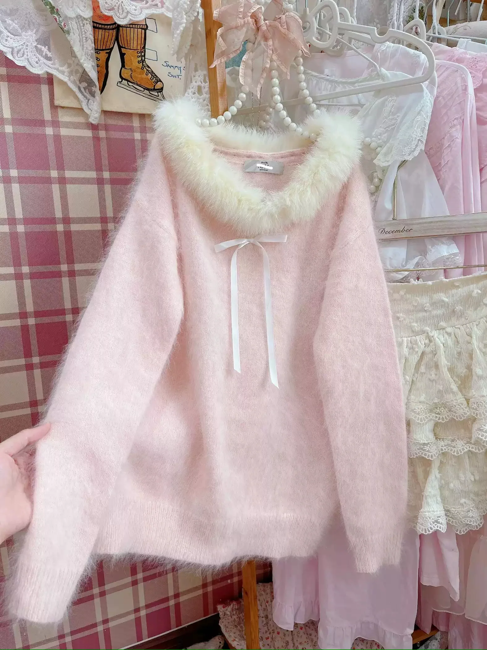 Korean style furry collar pink long-sleeved sweater - Image 3