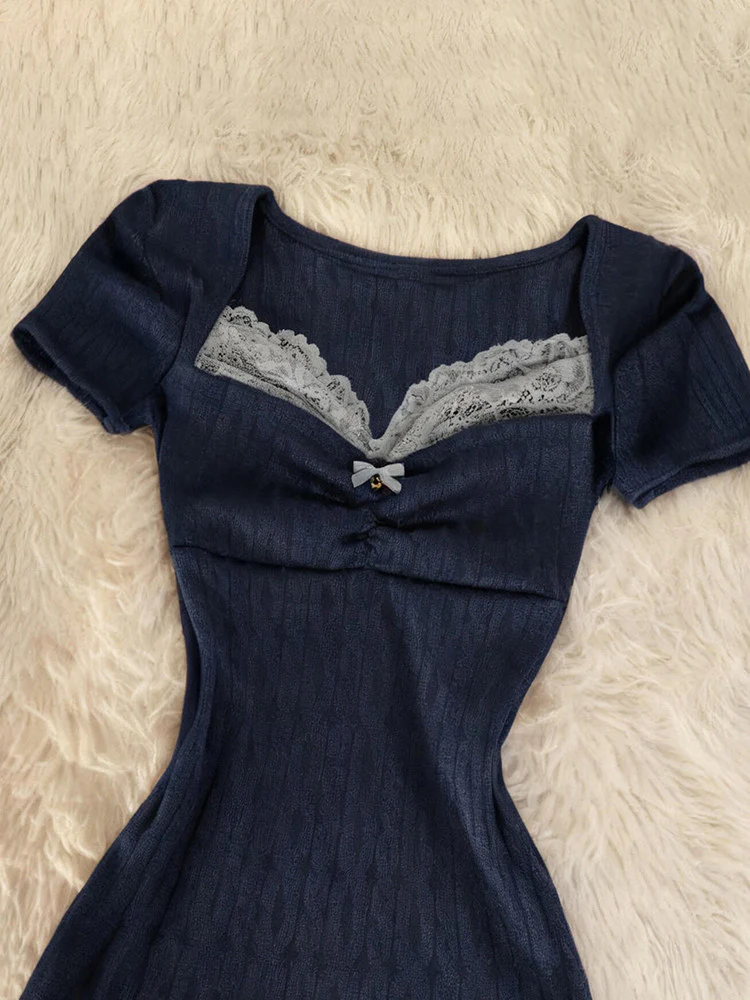 lace bow navy knit dress - Image 3