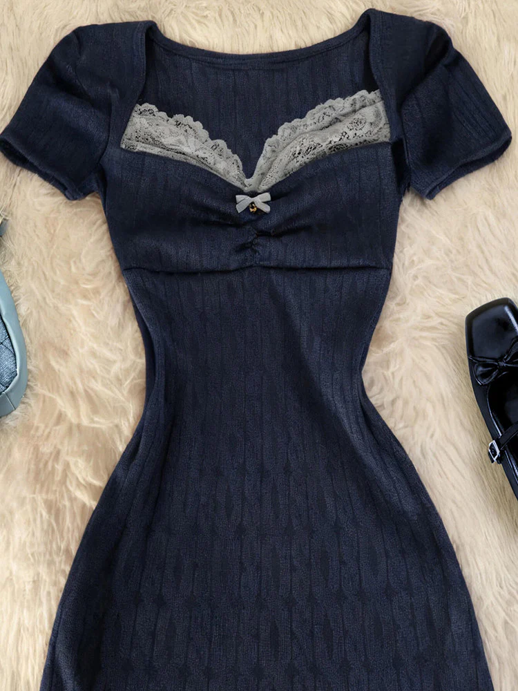 lace bow navy knit dress - Image 4