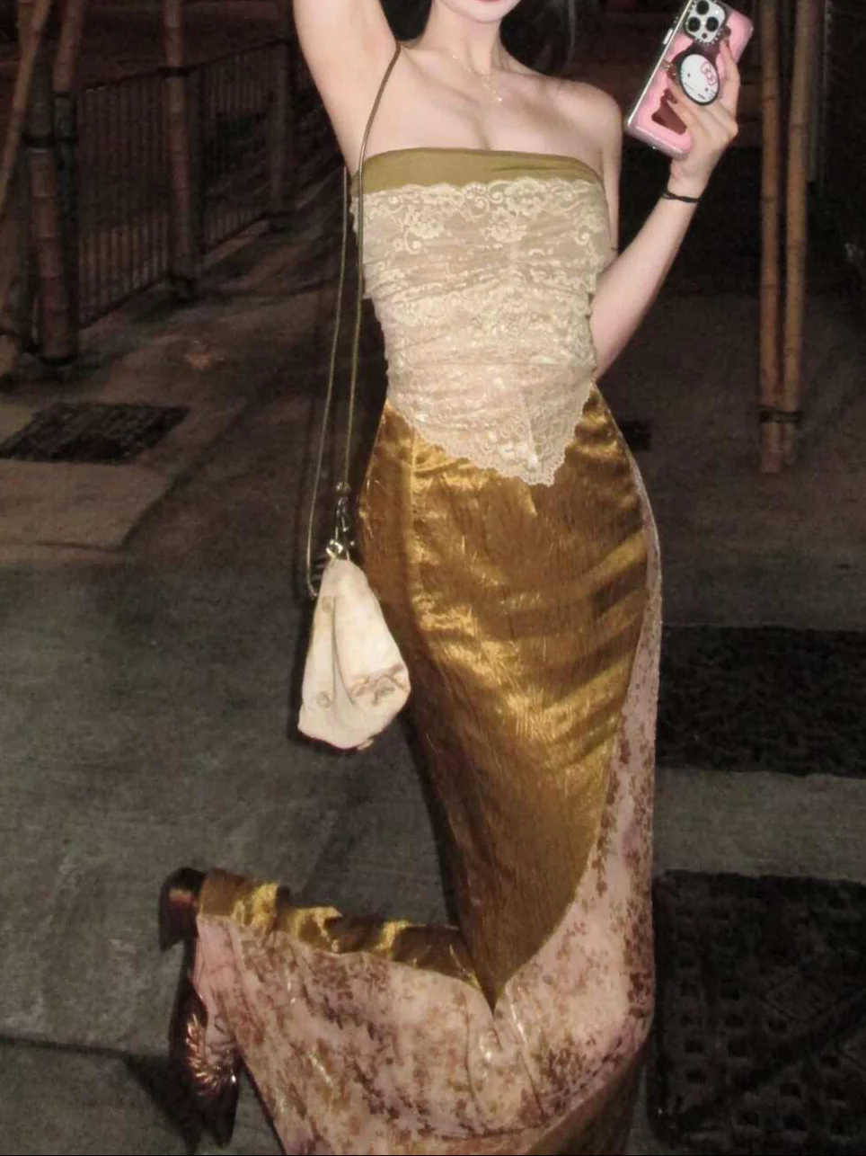 Lace Knitted Stretch Irregular Tube Top + Gold Spliced Skirt Set - Image 6