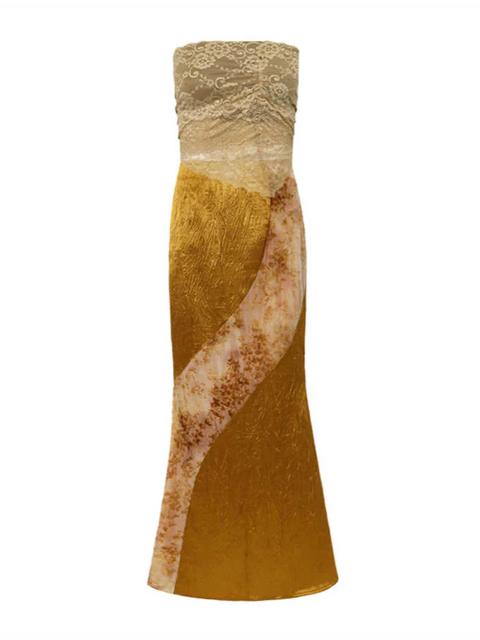 Lace Knitted Stretch Irregular Tube Top + Gold Spliced Skirt Set - Image 7