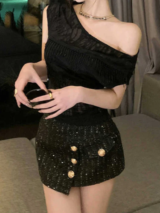 Lace Off-shoulder Beaded Tassel Top + Skirt Suit - Image 2