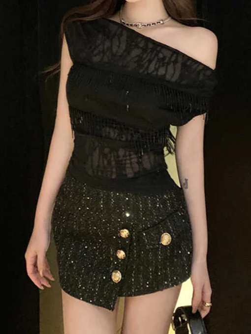 Lace Off-shoulder Beaded Tassel Top + Skirt Suit - Image 5