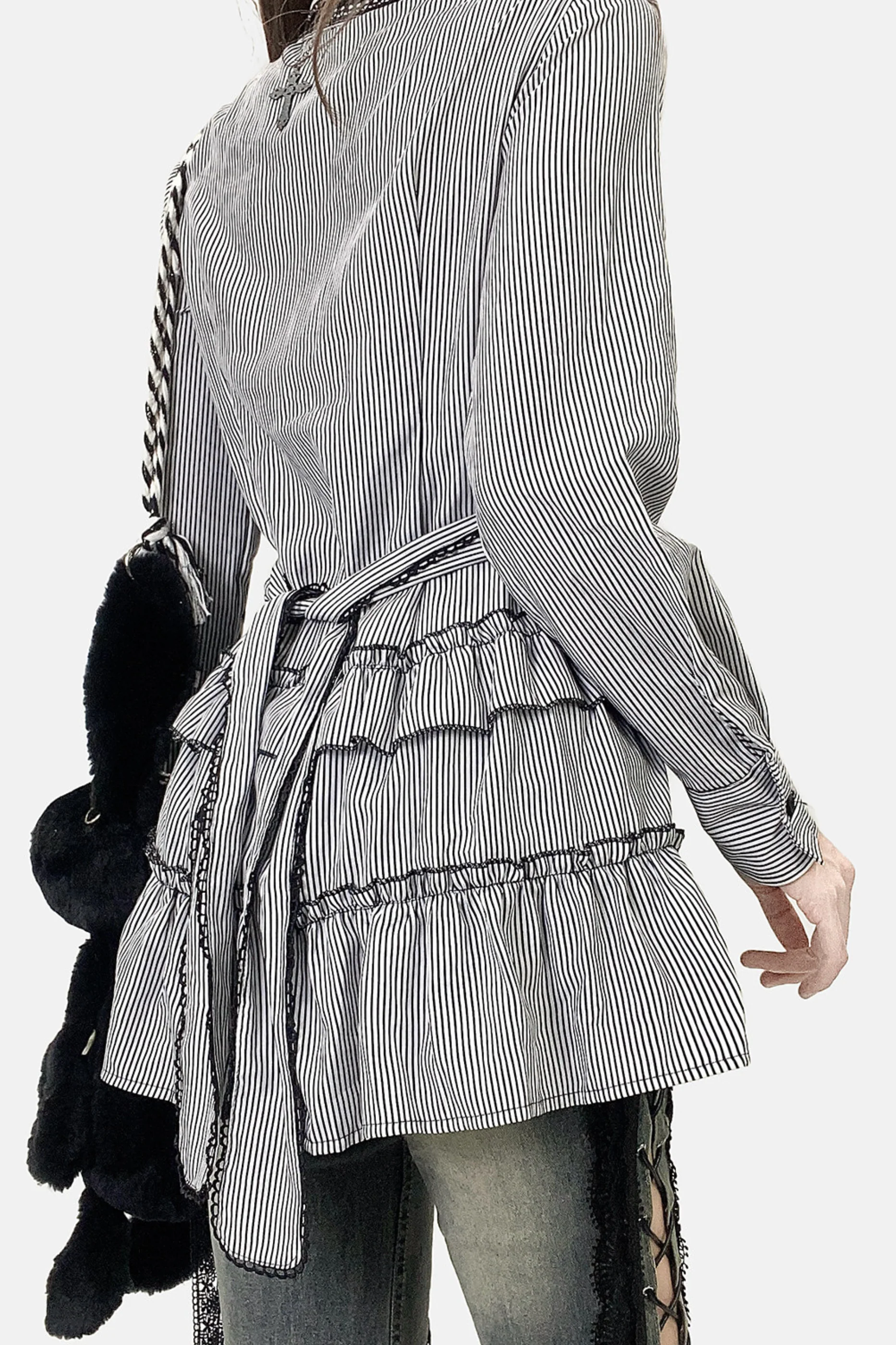 Striped Lace Midi Patchwork Shirt Dress - Image 2