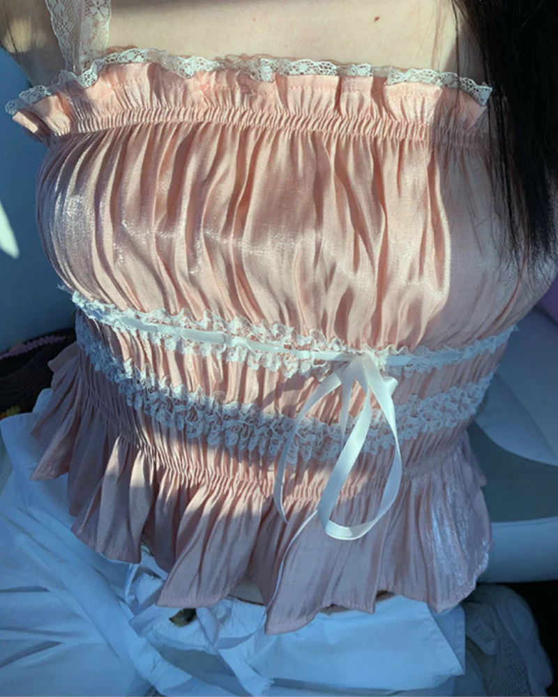 Lace Satin Design Tank Pink Corset Top - Image 3