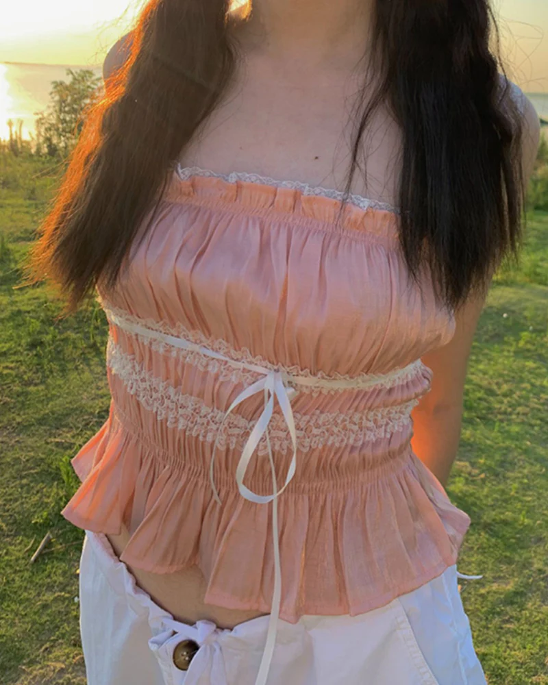 Lace Satin Design Tank Pink Corset Top - Image 4