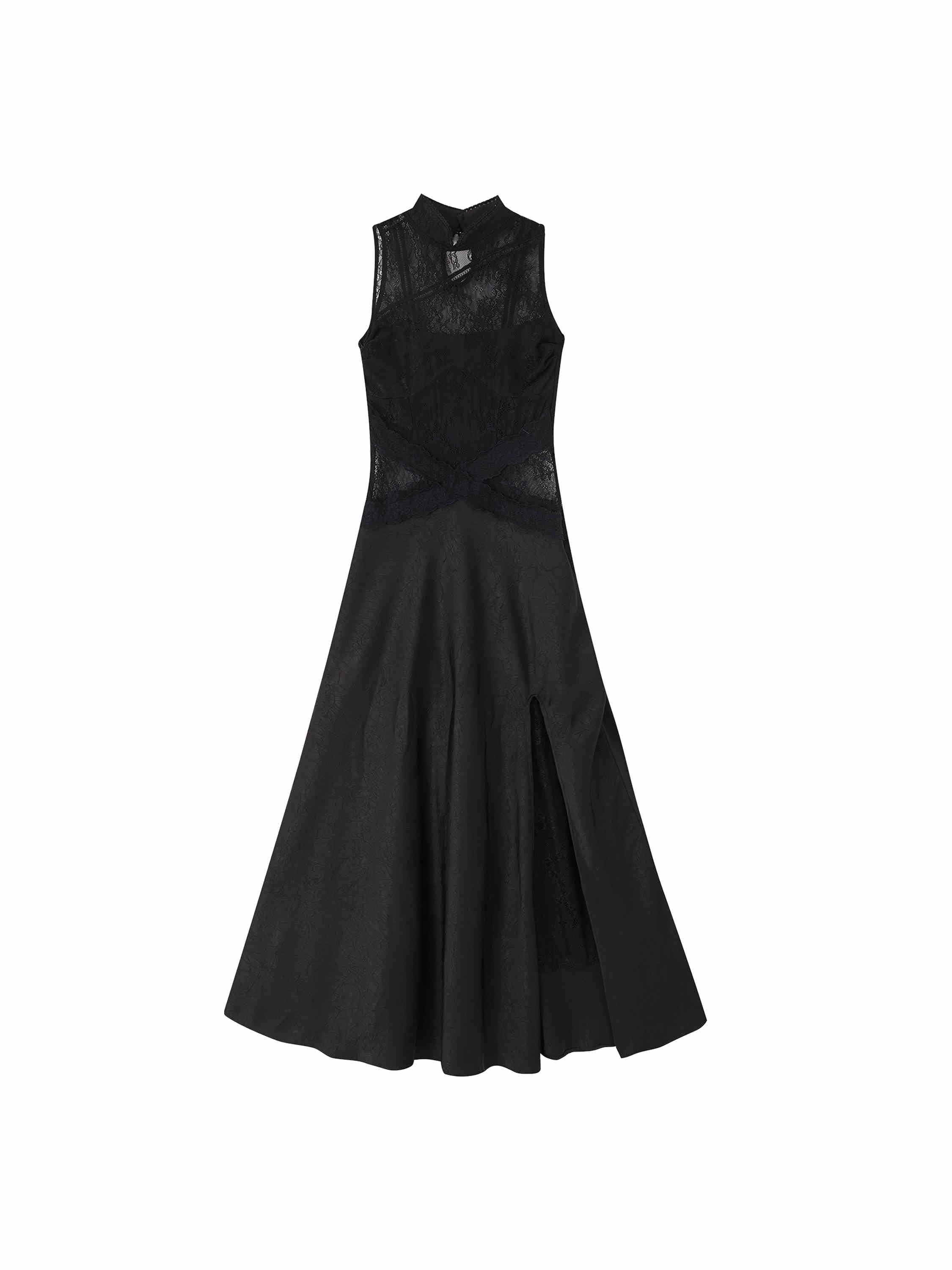 Lace Spliced Satin Parade Slit Acubi Dress - Image 4
