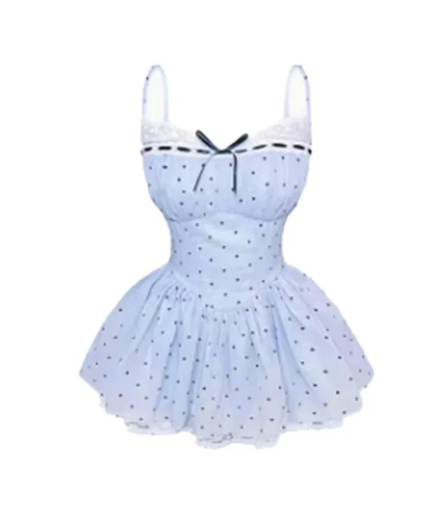 Lace Splicing Polka-dot Princess Suspender Coquette Dress - Image 4
