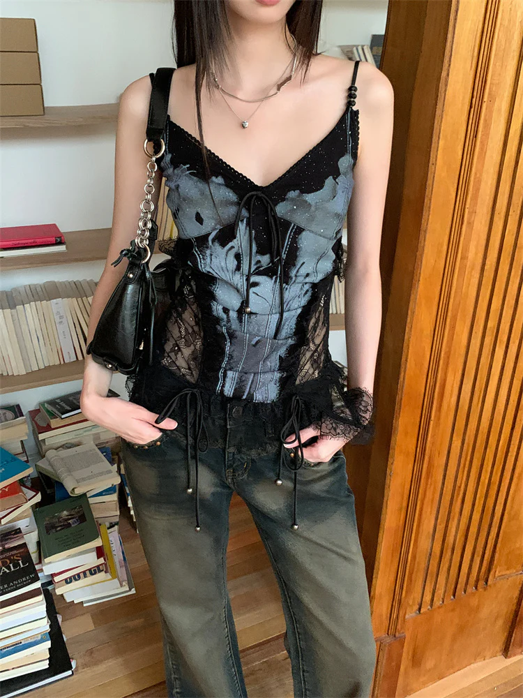 Lace Splicing Printed Tank Top - Image 2