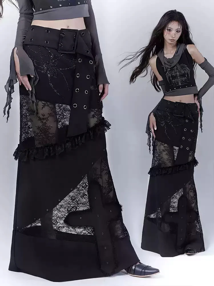 Lace stitching dark low slim straight skirt