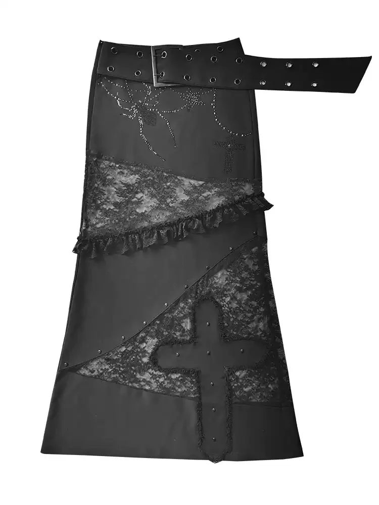 Lace stitching dark low slim straight skirt - Image 2