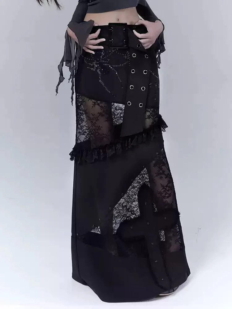 Lace stitching dark low slim straight skirt - Image 3