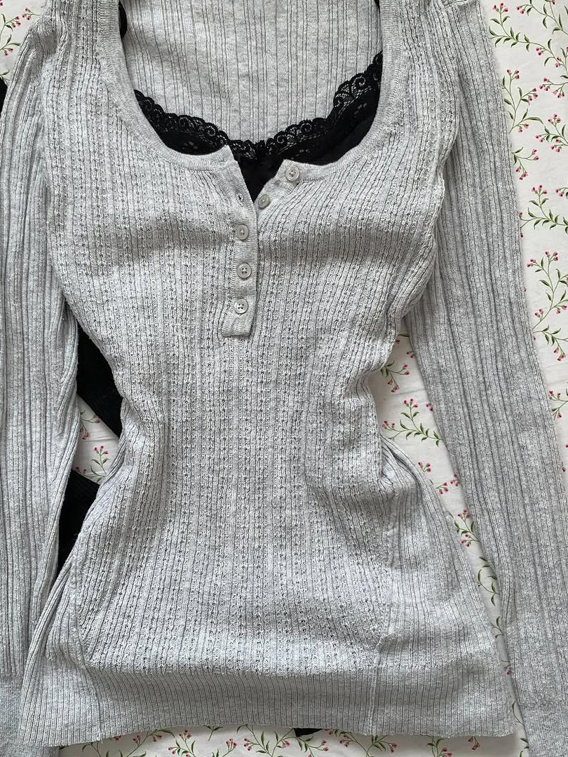 lace suspender U-neck long-sleeved top - Image 2